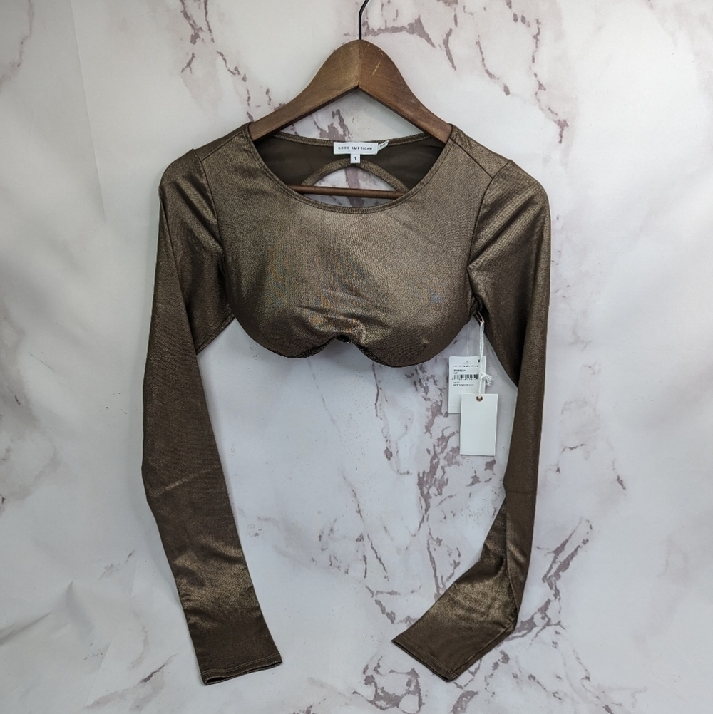 Good American Crop Top Women Mesh Underwire Long Sleeve Mocha Foil